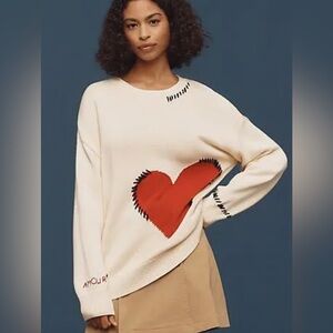 Anthropologie Cream and Red Heart Sweater